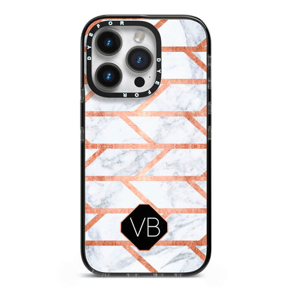 Personalised Rose Gold Faux Marble Initials iPhone 14 Pro Black Impact Case on Silver phone