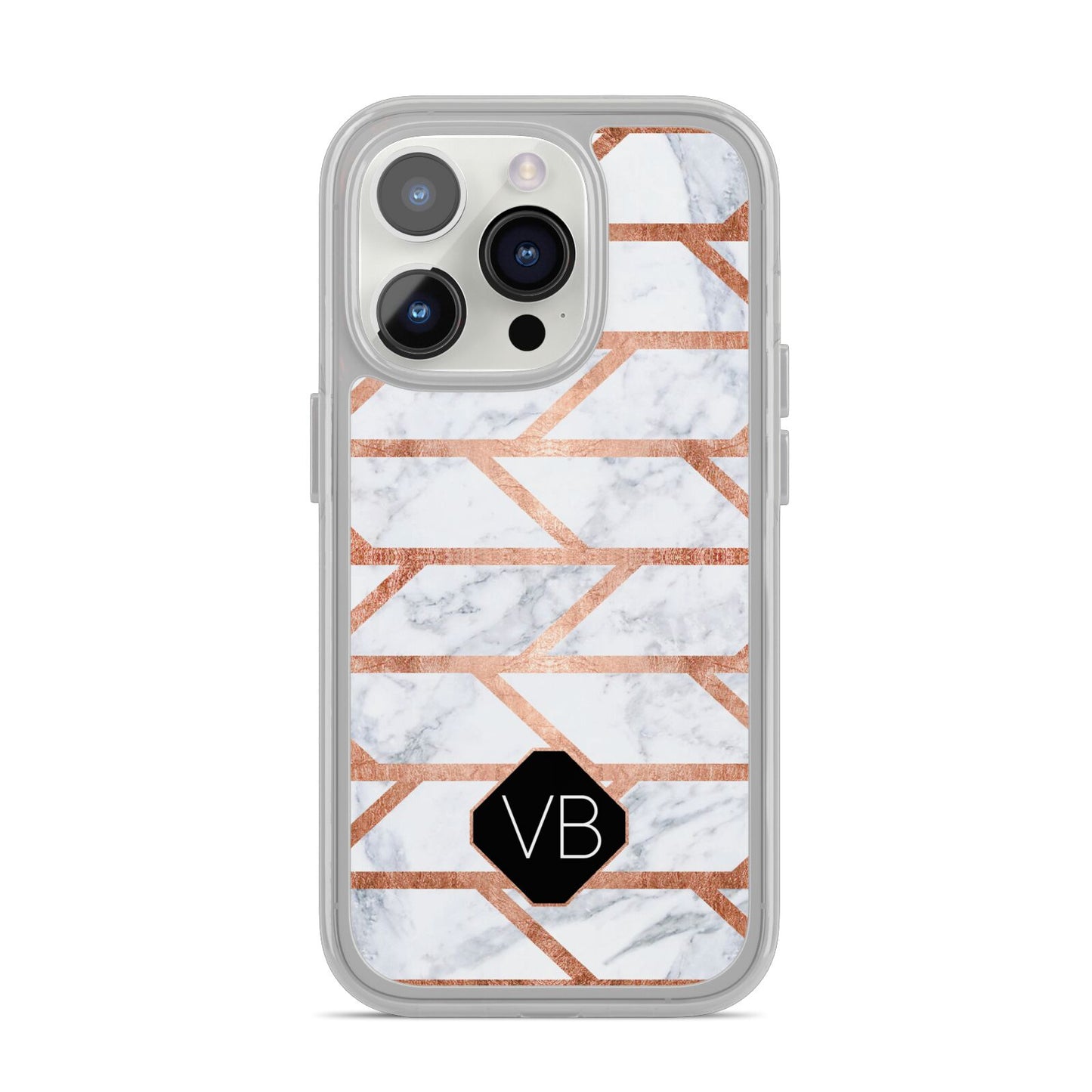 Personalised Rose Gold Faux Marble Initials iPhone 14 Pro Clear Tough Case Silver