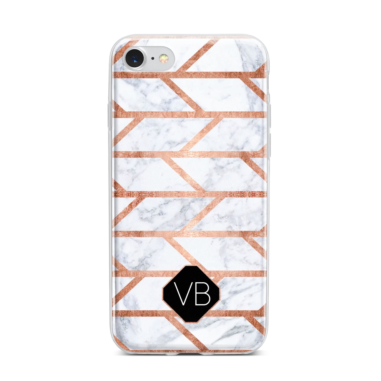 Personalised Rose Gold Faux Marble Initials iPhone 7 Bumper Case on Silver iPhone