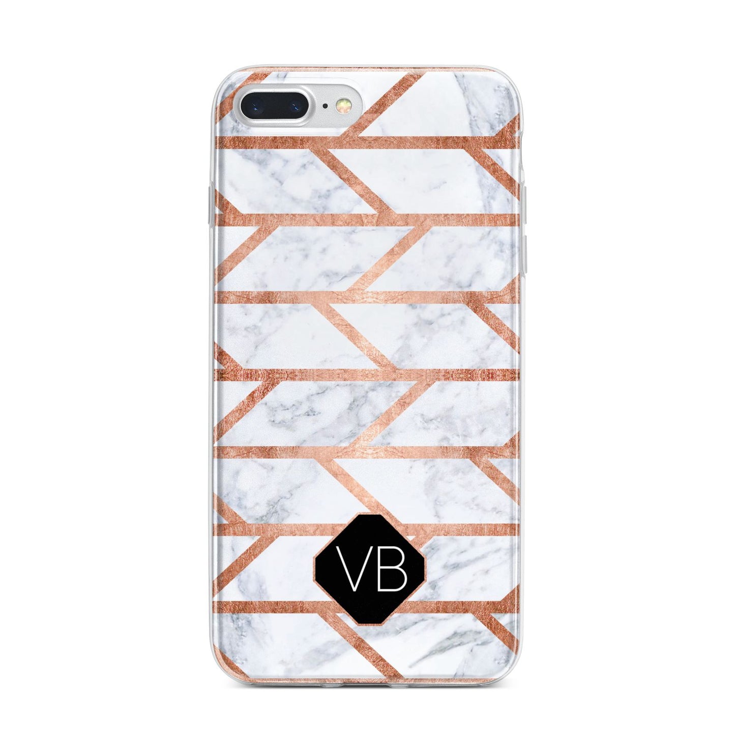 Personalised Rose Gold Faux Marble Initials iPhone 7 Plus Bumper Case on Silver iPhone