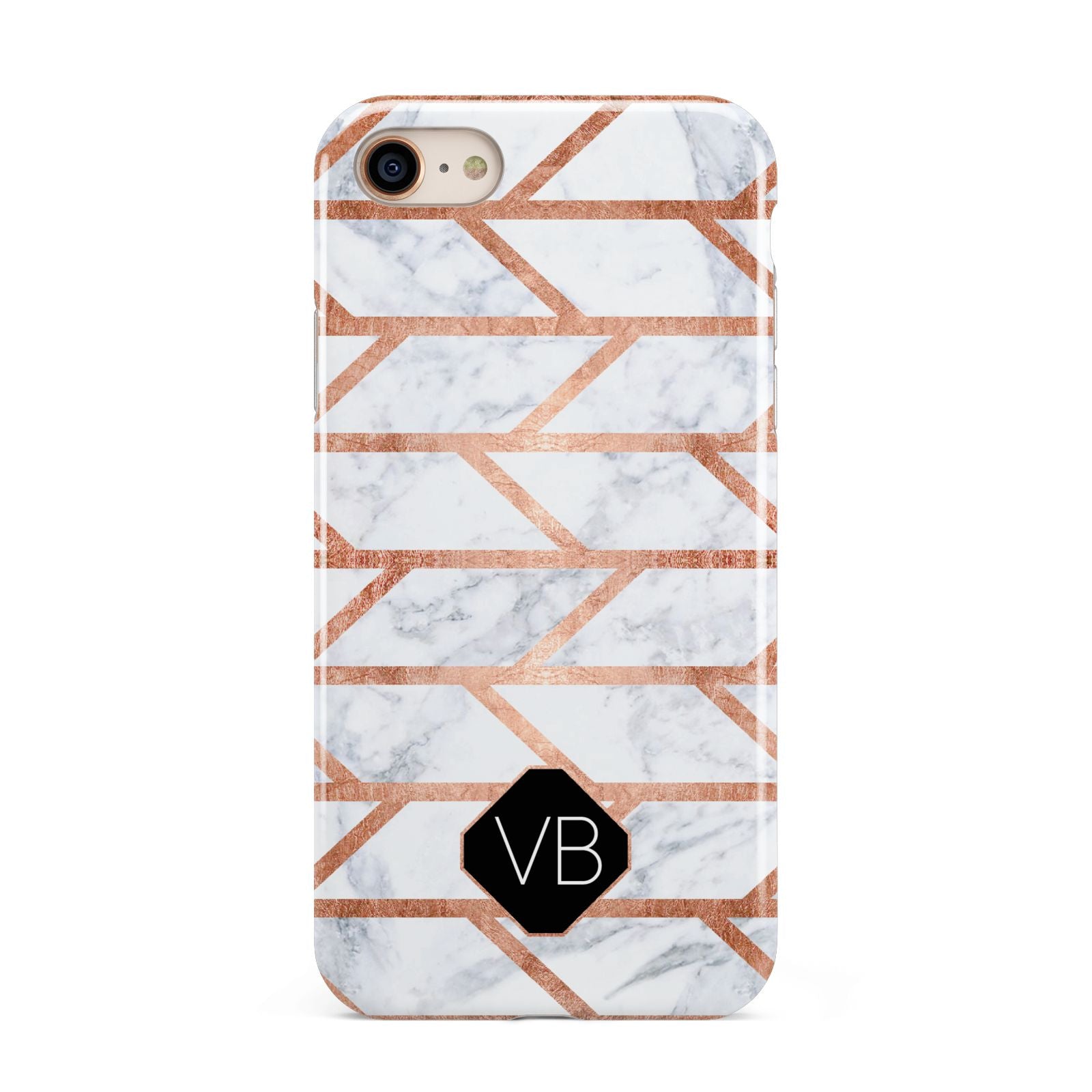 Personalised Rose Gold Faux Marble Initials iPhone 8 3D Tough Case on Gold Phone