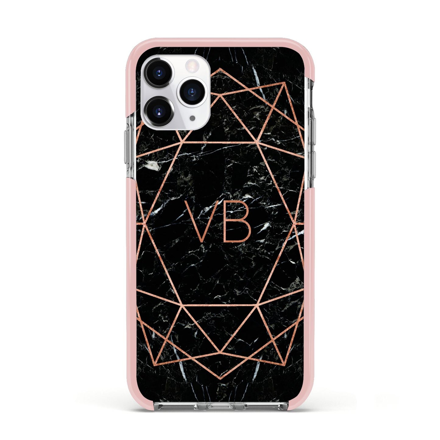 Personalised Rose Gold Geometric Initials Apple iPhone 11 Pro in Silver with Pink Impact Case