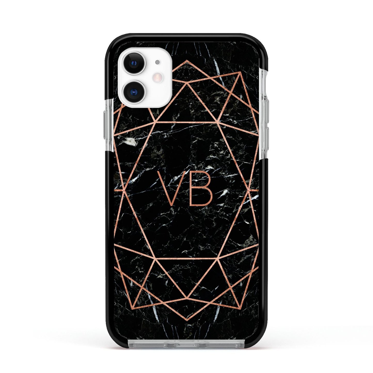 Personalised Rose Gold Geometric Initials Apple iPhone 11 in White with Black Impact Case