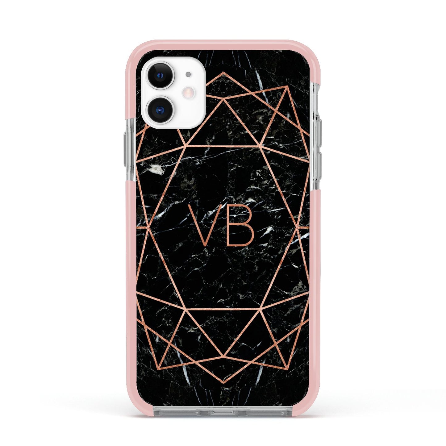 Personalised Rose Gold Geometric Initials Apple iPhone 11 in White with Pink Impact Case