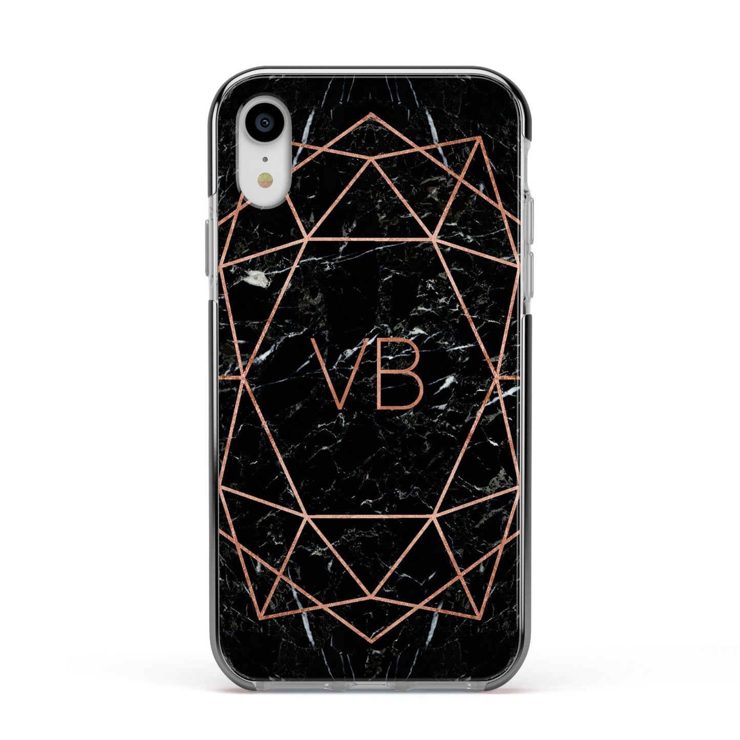 Personalised Rose Gold Geometric Initials Apple iPhone XR Impact Case Black Edge on Silver Phone