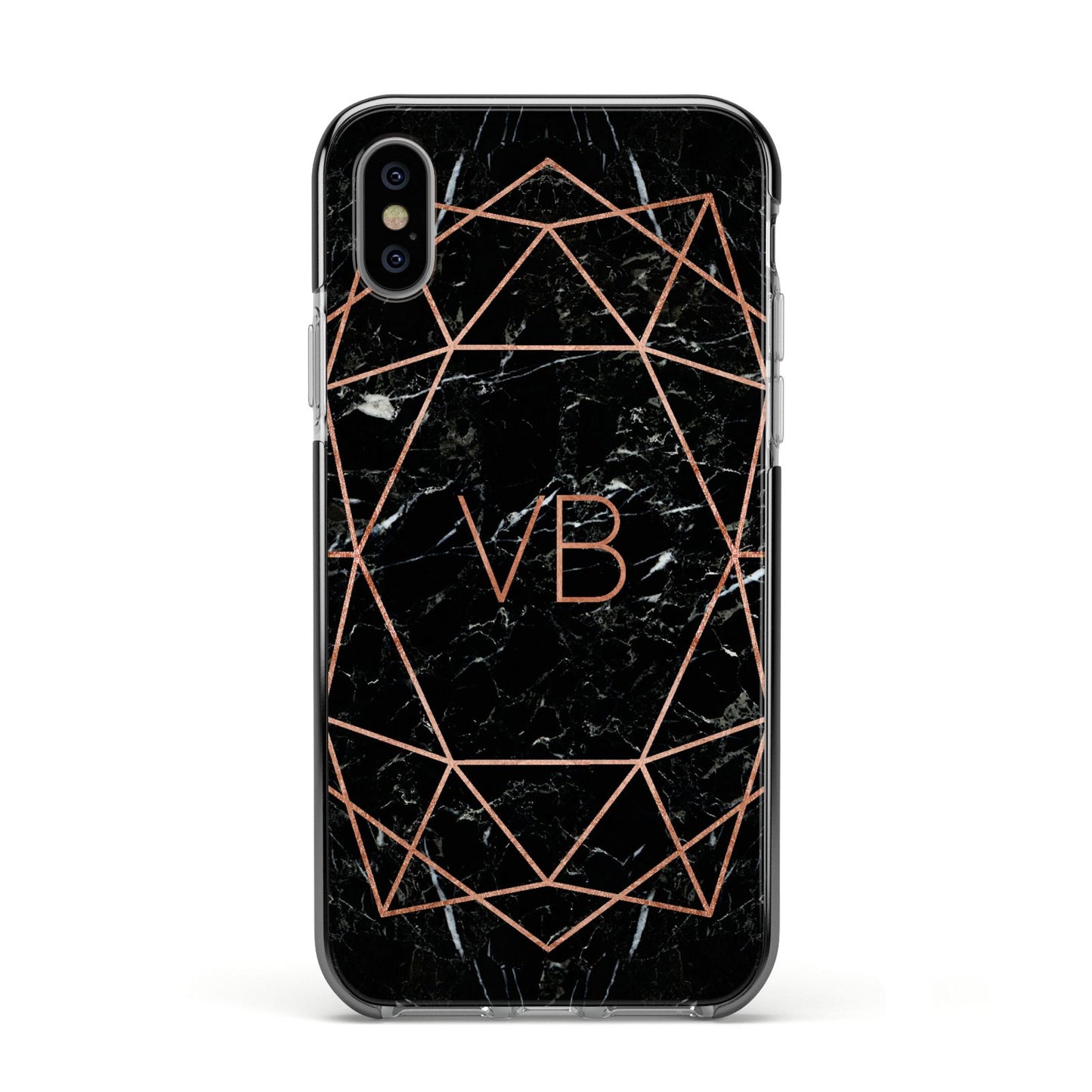 Personalised Rose Gold Geometric Initials Apple iPhone Xs Impact Case Black Edge on Silver Phone