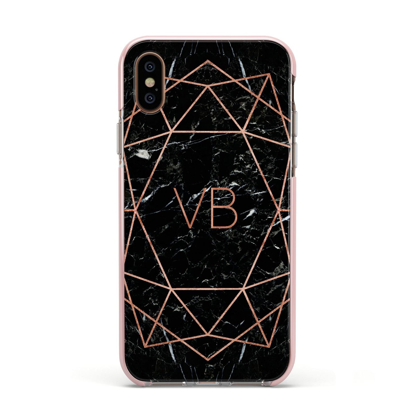 Personalised Rose Gold Geometric Initials Apple iPhone Xs Impact Case Pink Edge on Gold Phone
