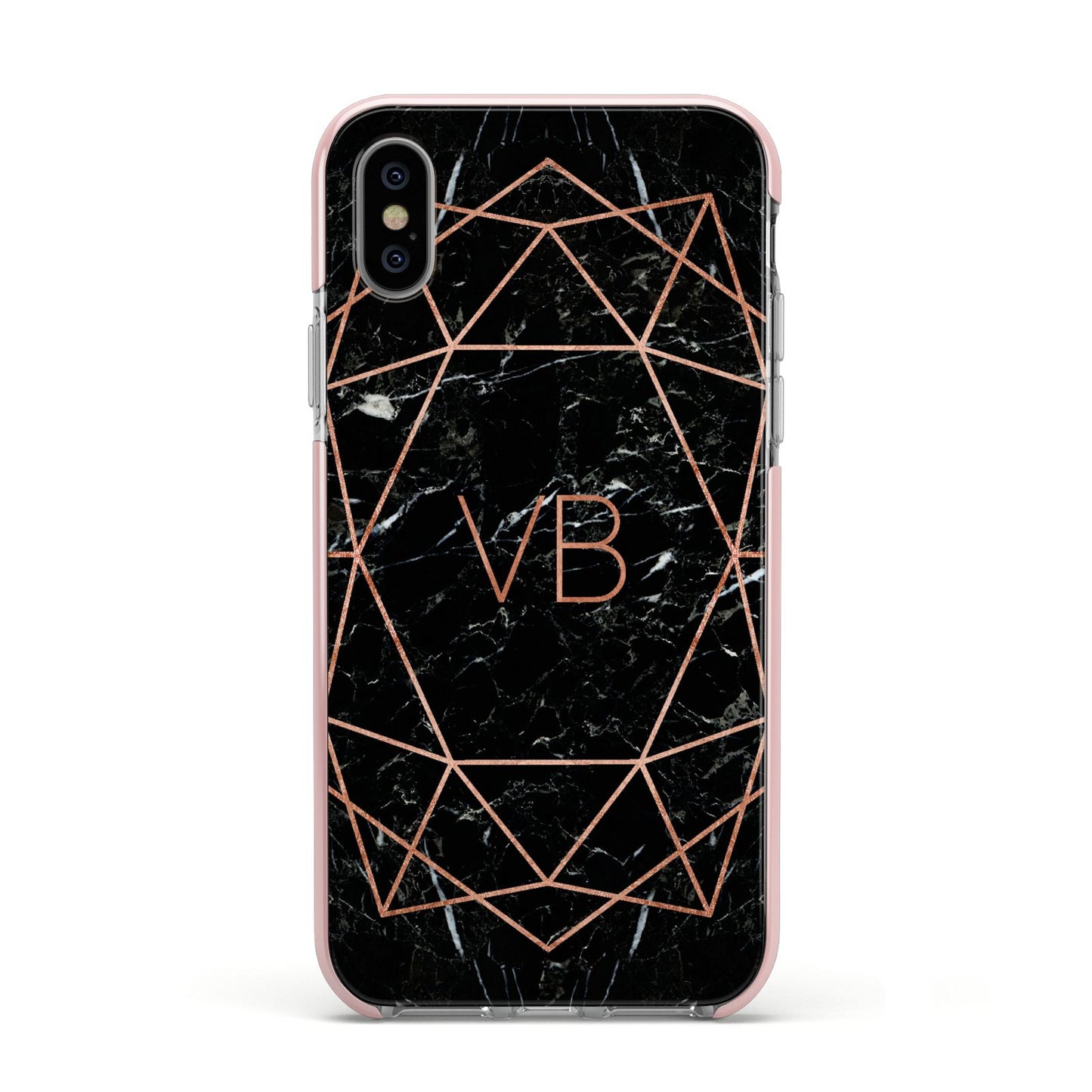Personalised Rose Gold Geometric Initials Apple iPhone Xs Impact Case Pink Edge on Silver Phone