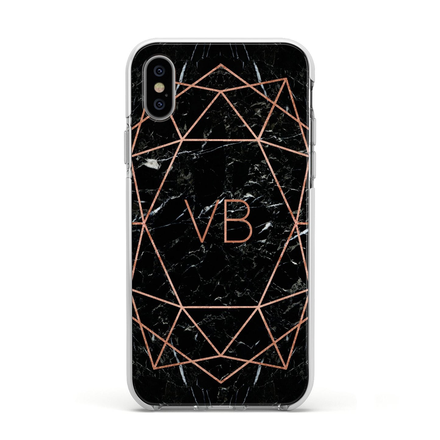 Personalised Rose Gold Geometric Initials Apple iPhone Xs Impact Case White Edge on Silver Phone