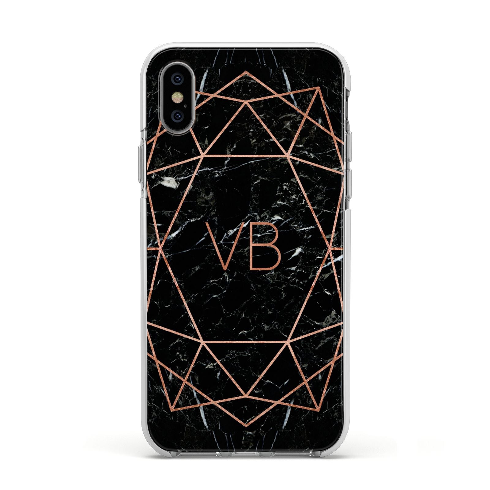 Personalised Rose Gold Geometric Initials Apple iPhone Xs Impact Case White Edge on Silver Phone