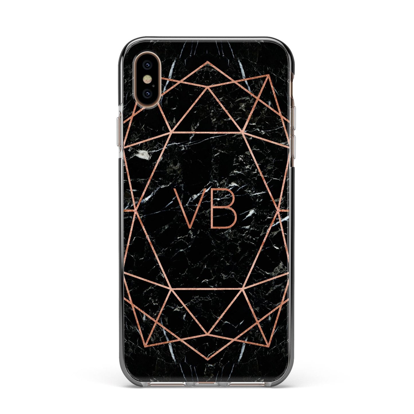 Personalised Rose Gold Geometric Initials Apple iPhone Xs Max Impact Case Black Edge on Gold Phone