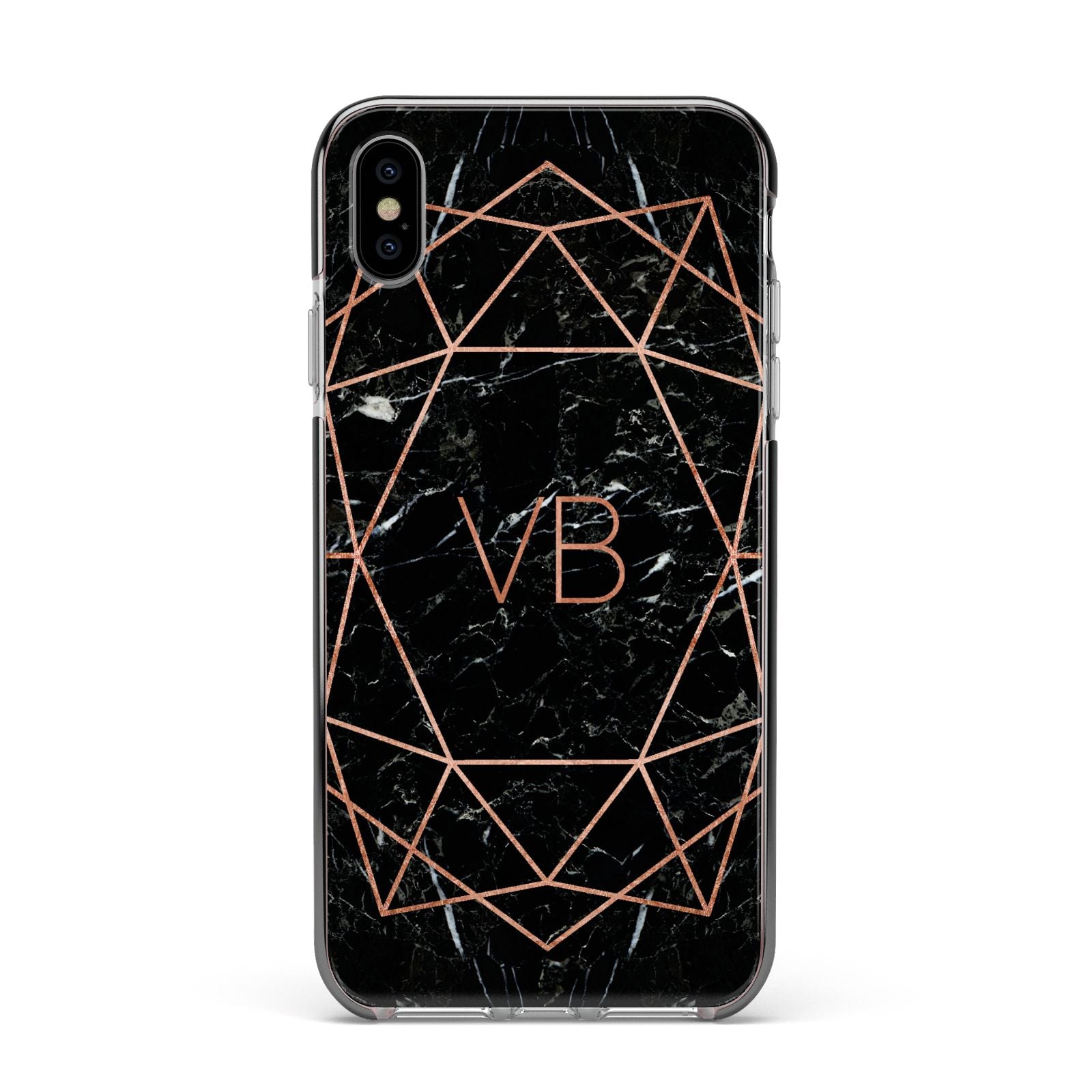 Personalised Rose Gold Geometric Initials Apple iPhone Xs Max Impact Case Black Edge on Silver Phone