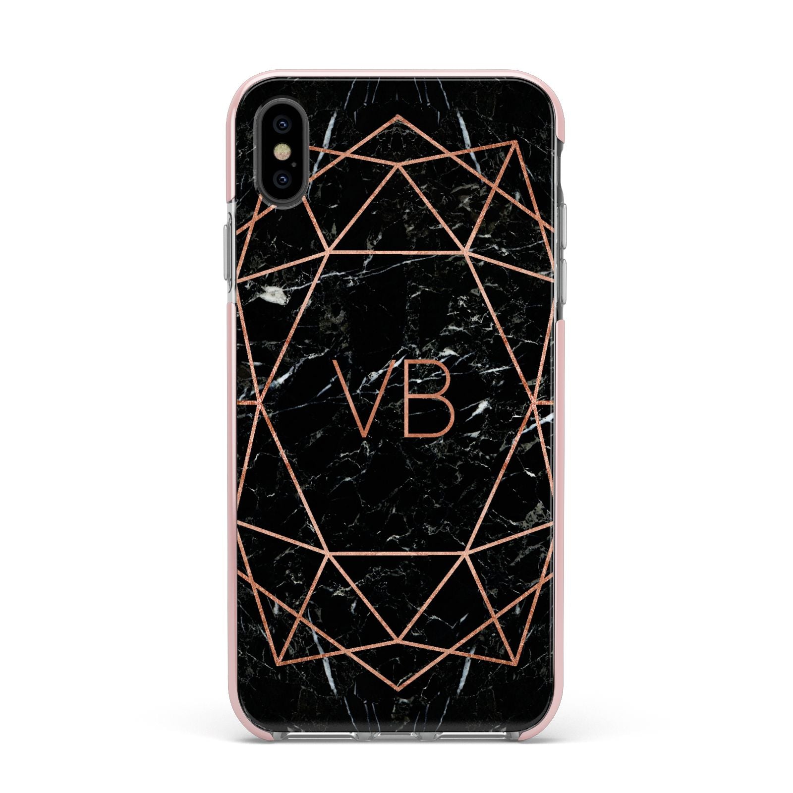 Personalised Rose Gold Geometric Initials Apple iPhone Xs Max Impact Case Pink Edge on Black Phone