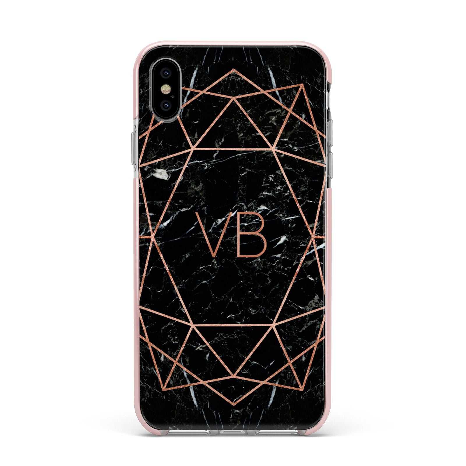 Personalised Rose Gold Geometric Initials Apple iPhone Xs Max Impact Case Pink Edge on Silver Phone