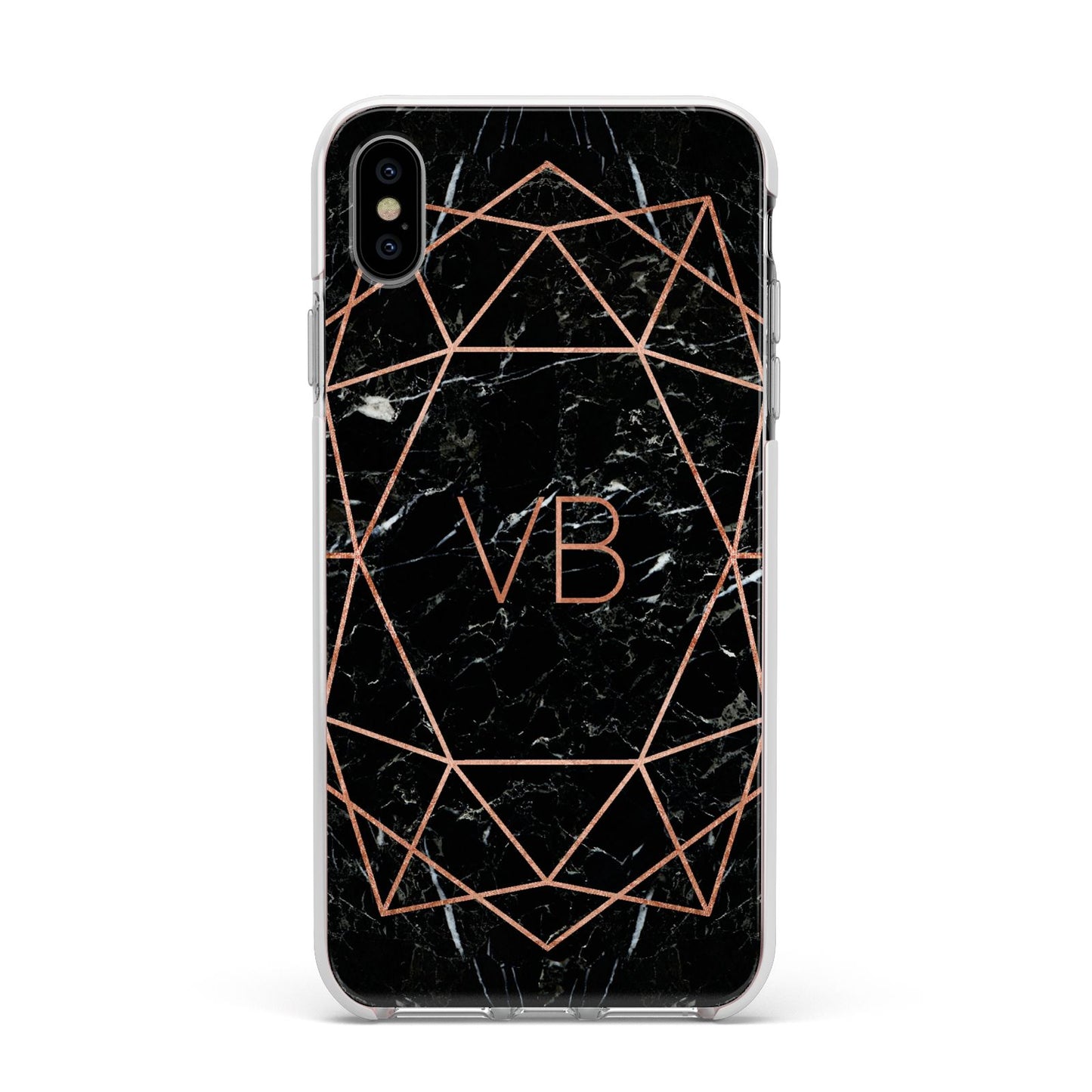 Personalised Rose Gold Geometric Initials Apple iPhone Xs Max Impact Case White Edge on Silver Phone