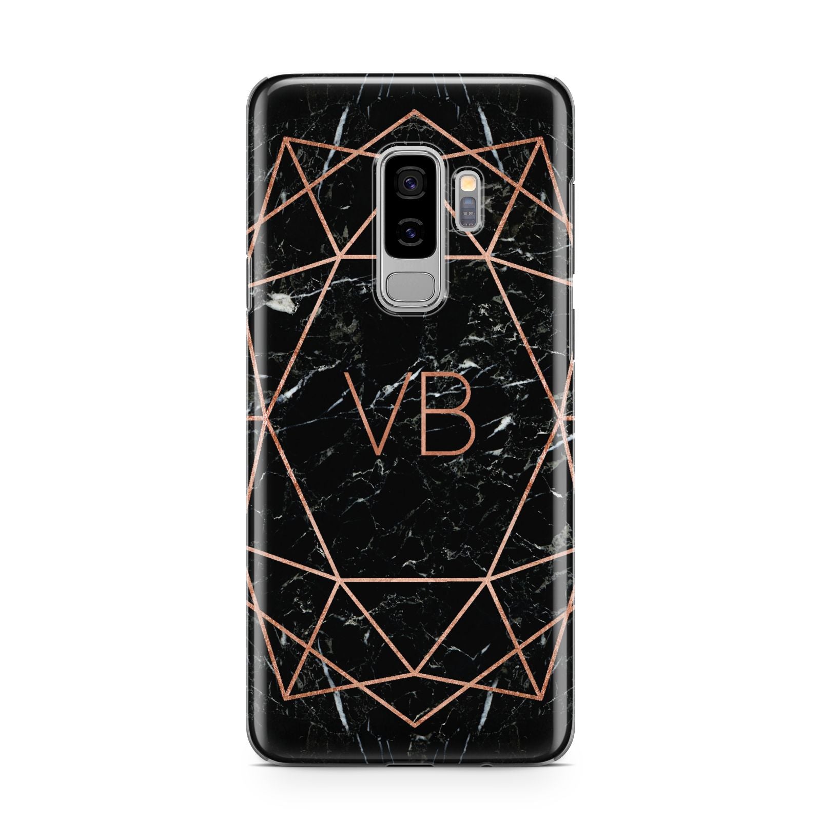 Personalised Rose Gold Geometric Initials Samsung Galaxy S9 Plus Case on Silver phone