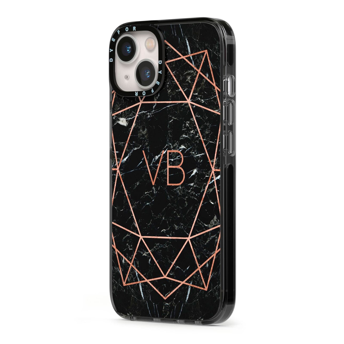 Personalised Rose Gold Geometric Initials iPhone 13 Black Impact Case Side Angle on Silver phone