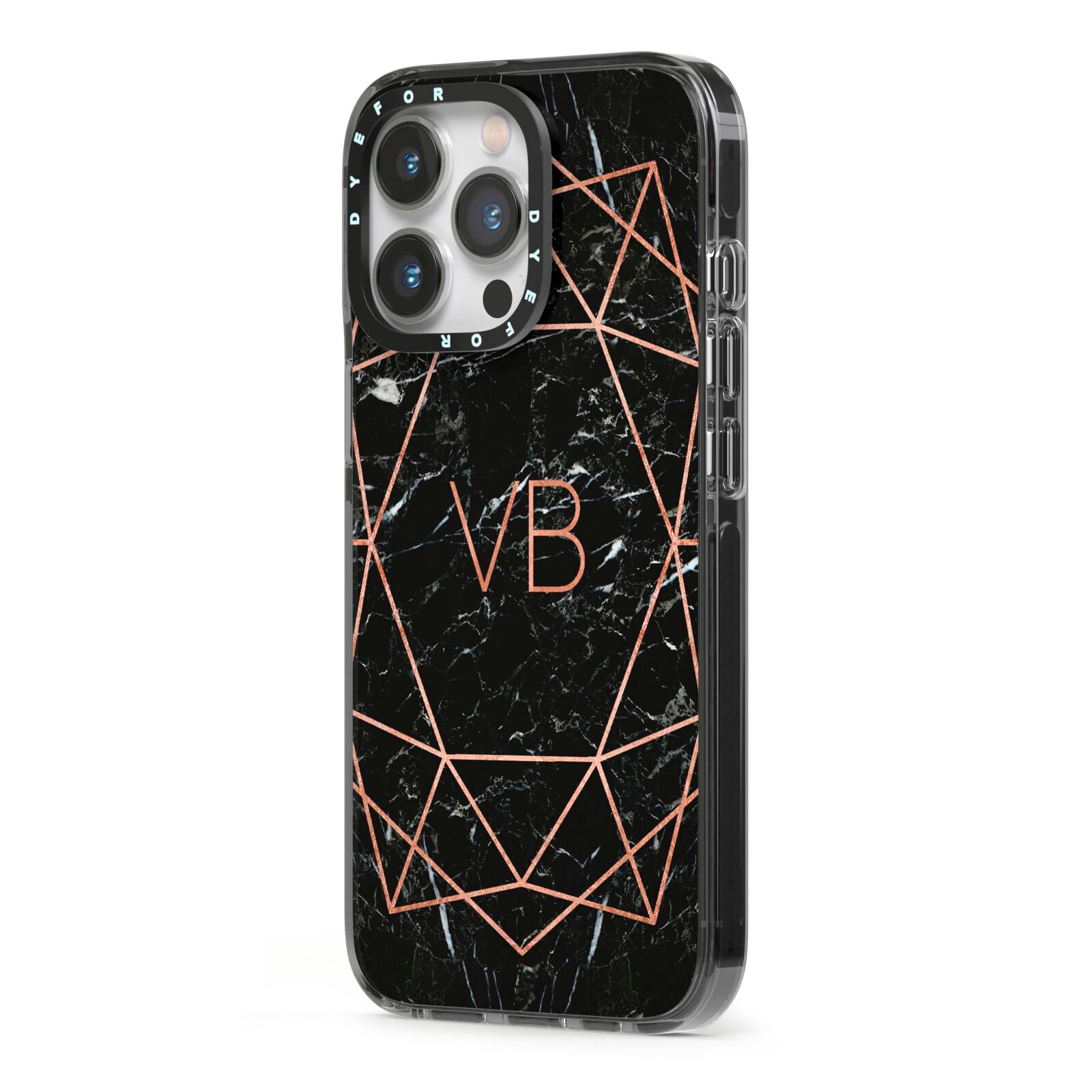 Personalised Rose Gold Geometric Initials iPhone 13 Pro Black Impact Case Side Angle on Silver phone