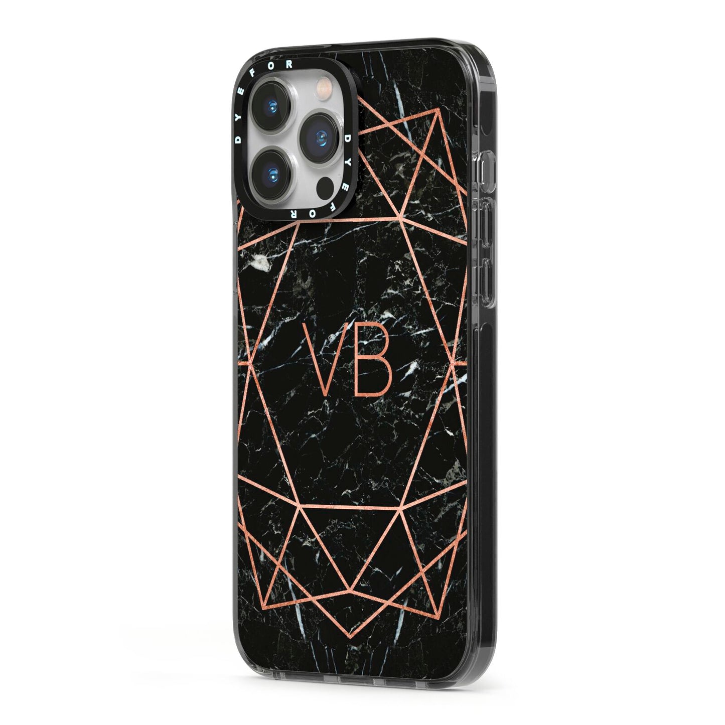 Personalised Rose Gold Geometric Initials iPhone 13 Pro Max Black Impact Case Side Angle on Silver phone