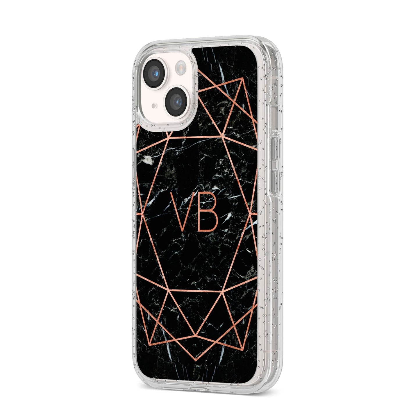 Personalised Rose Gold Geometric Initials iPhone 14 Glitter Tough Case Starlight Angled Image