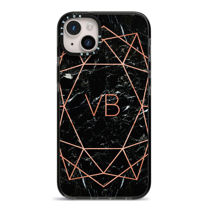 Personalised Rose Gold Geometric Initials iPhone 14 Plus Black Impact Case on Silver phone