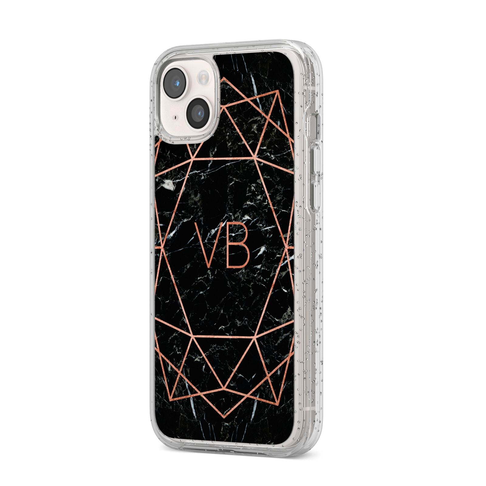 Personalised Rose Gold Geometric Initials iPhone 14 Plus Glitter Tough Case Starlight Angled Image
