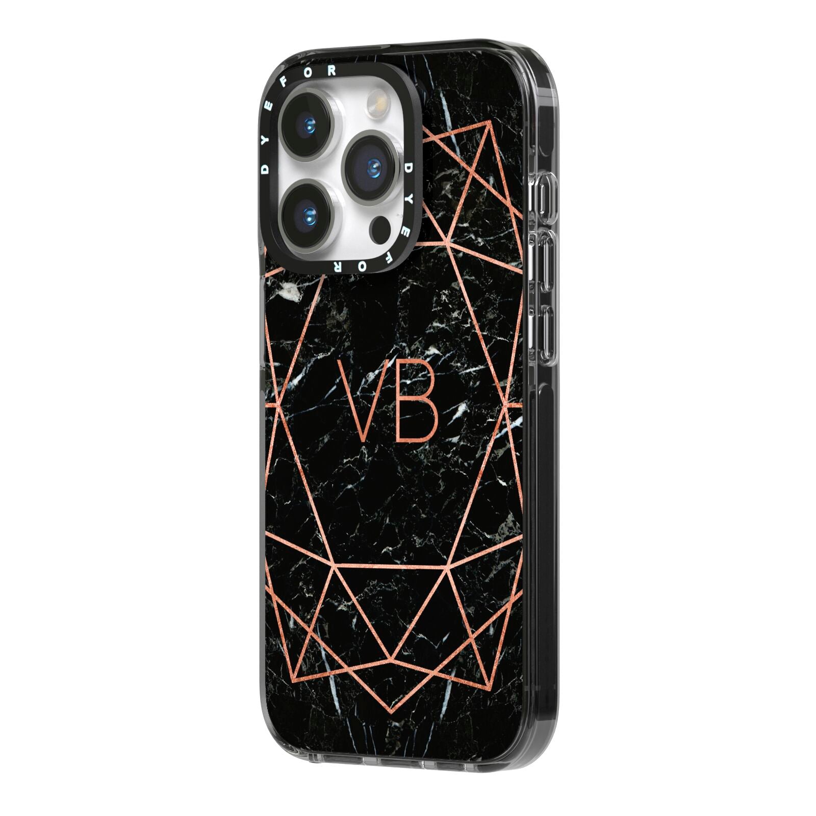 Personalised Rose Gold Geometric Initials iPhone 14 Pro Black Impact Case Side Angle on Silver phone