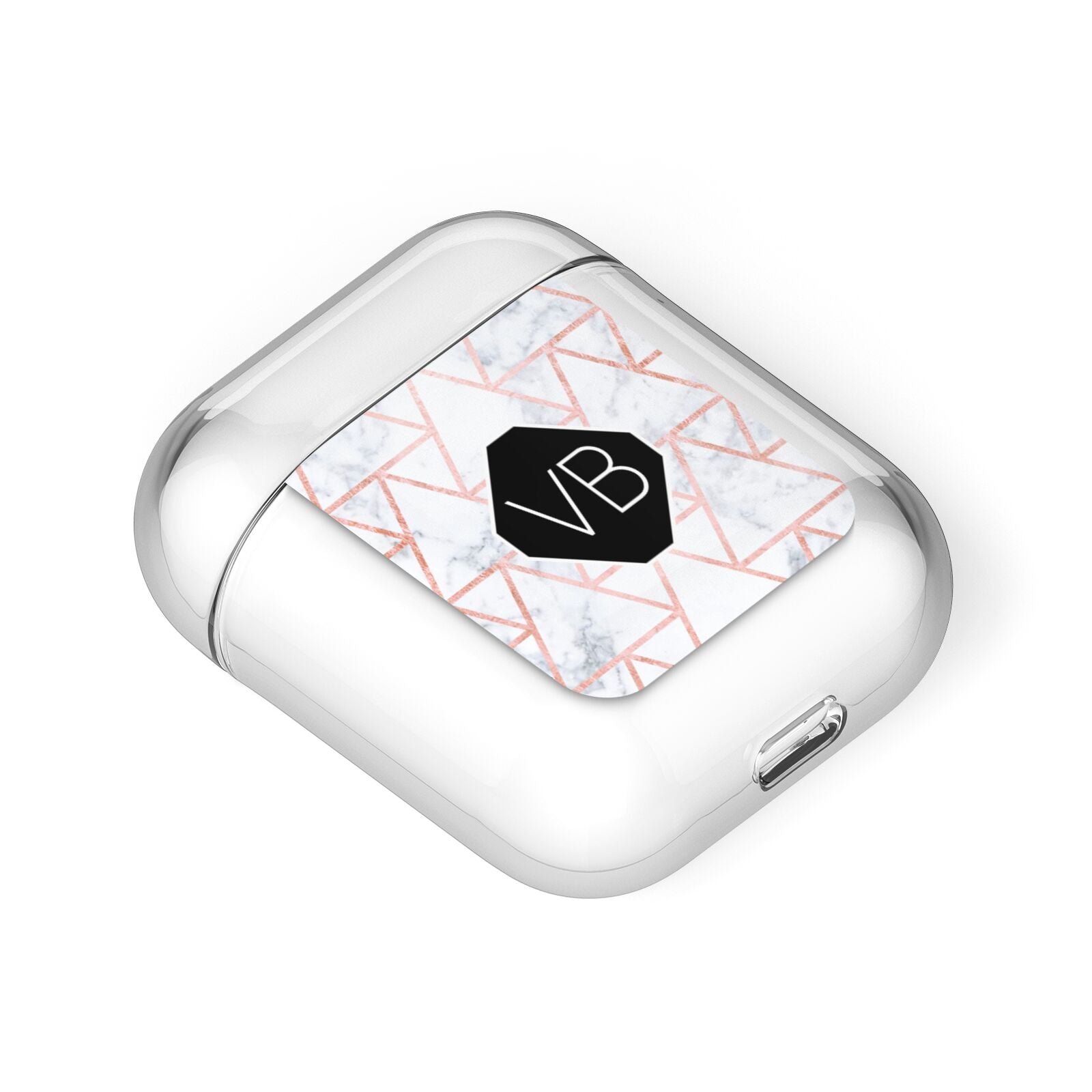 Personalised Rose Gold Grey Marble Hexagon AirPods Case Laid Flat