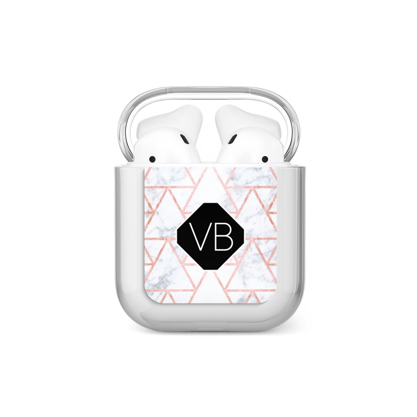 Personalised Rose Gold Grey Marble Hexagon AirPods Case