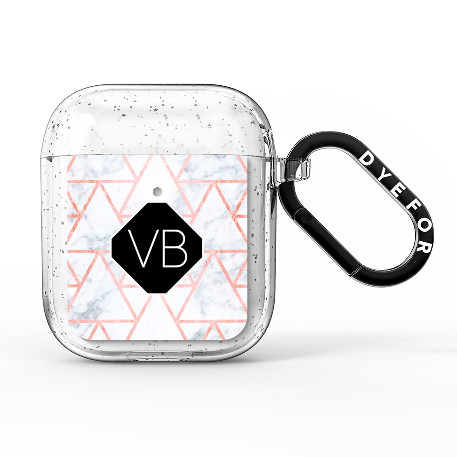 Personalised Rose Gold Grey Marble Hexagon AirPods Glitter Case
