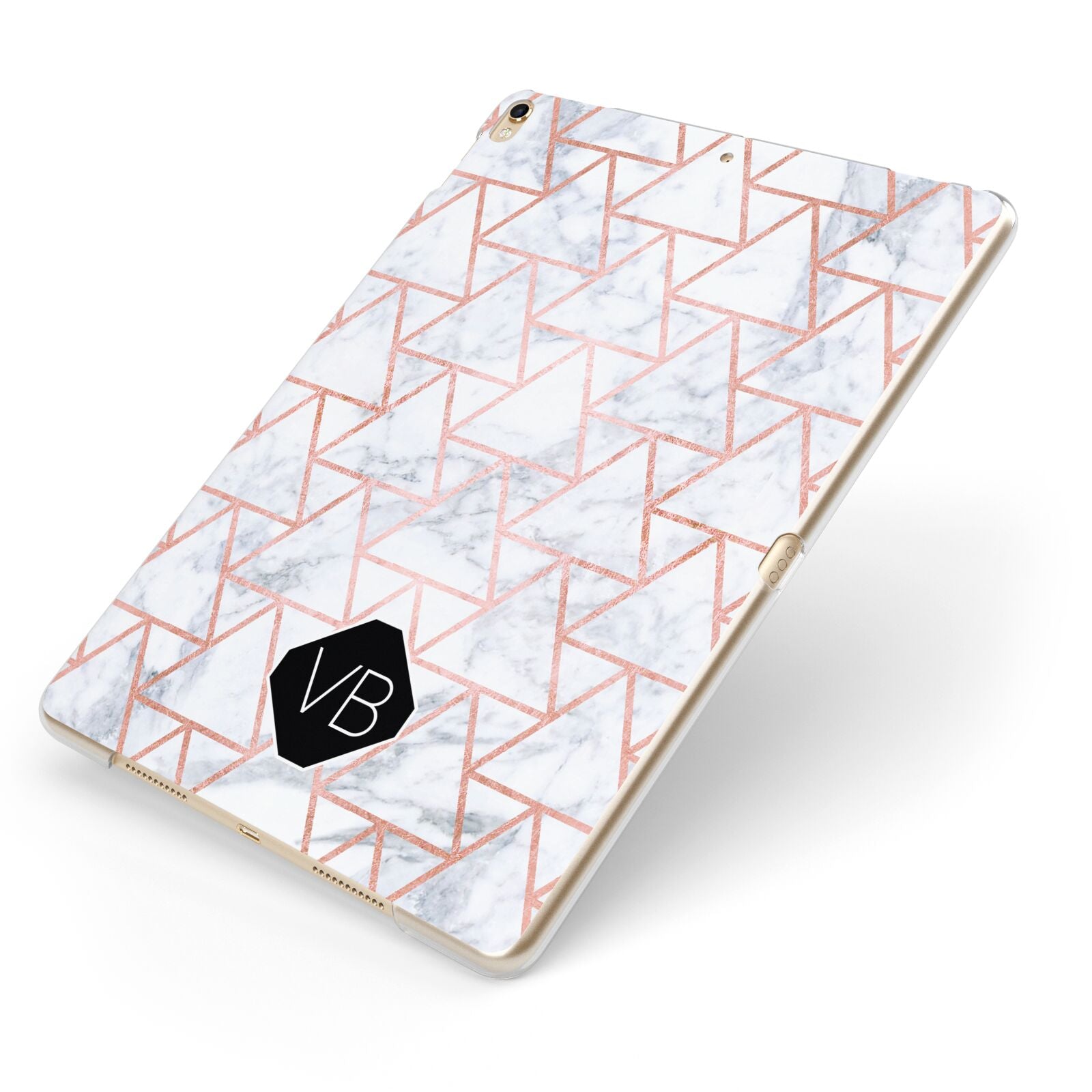 Personalised Rose Gold Grey Marble Hexagon Apple iPad Case on Gold iPad Side View