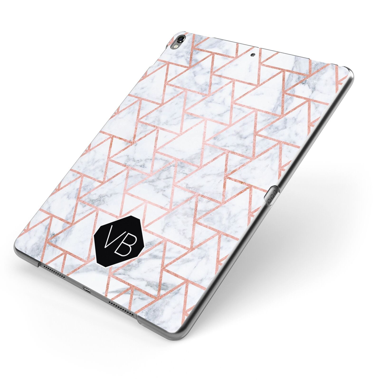 Personalised Rose Gold Grey Marble Hexagon Apple iPad Case on Grey iPad Side View
