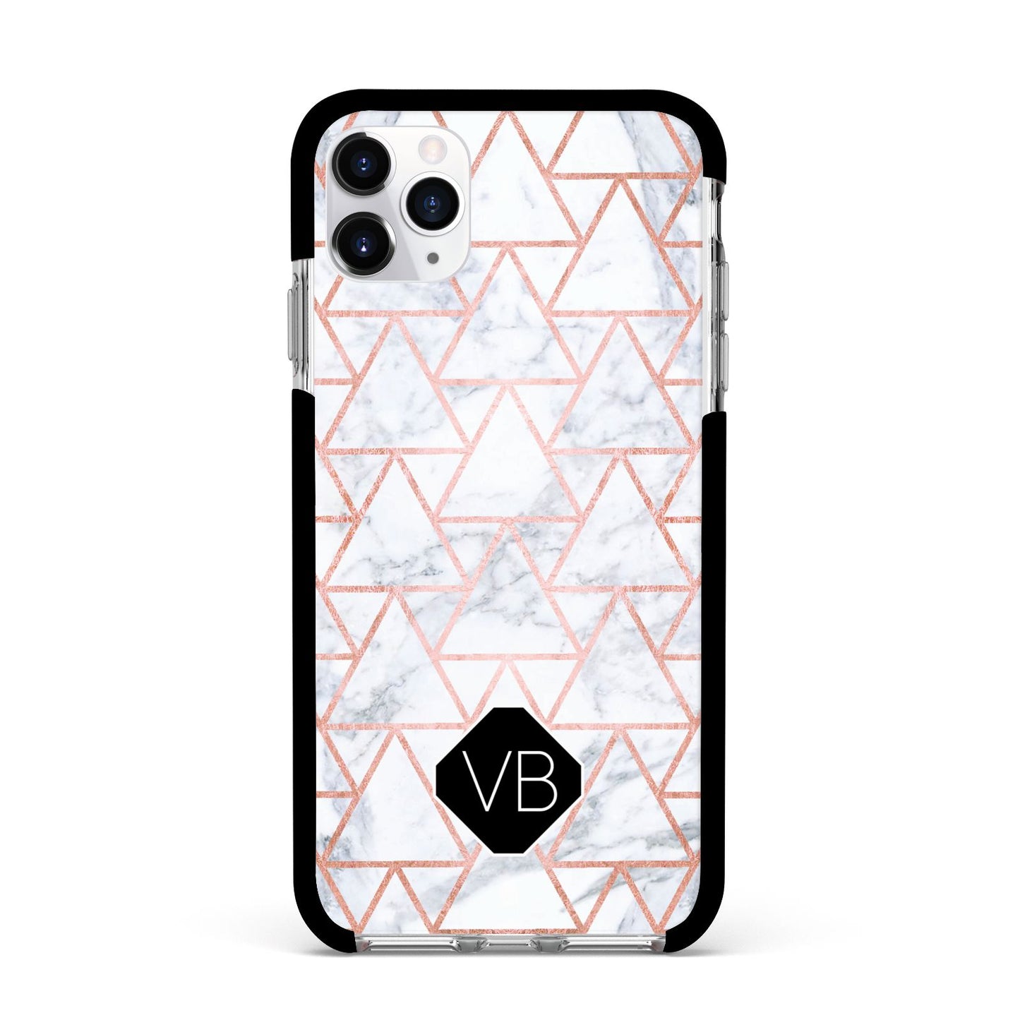 Personalised Rose Gold Grey Marble Hexagon Apple iPhone 11 Pro Max in Silver with Black Impact Case