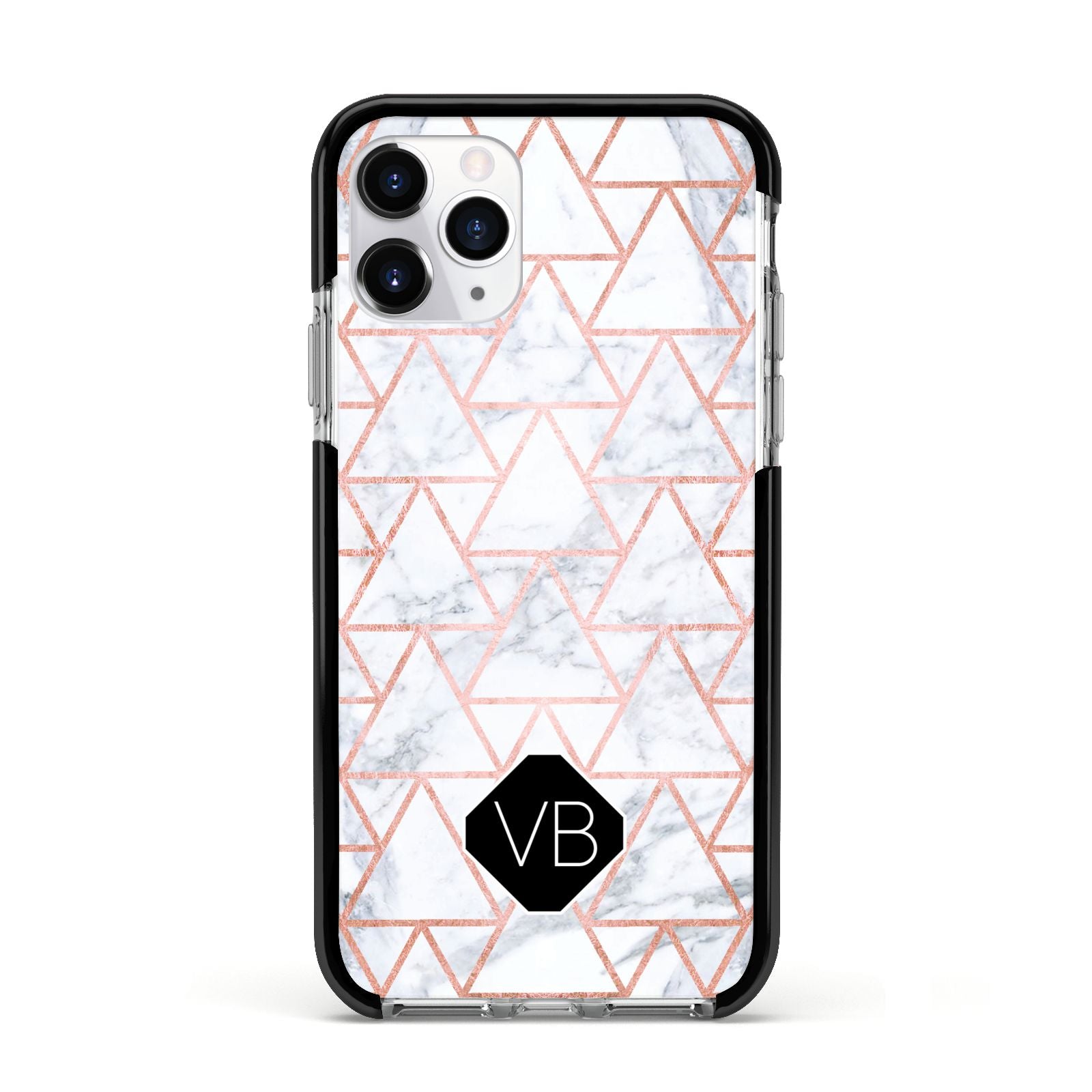 Personalised Rose Gold Grey Marble Hexagon Apple iPhone 11 Pro in Silver with Black Impact Case