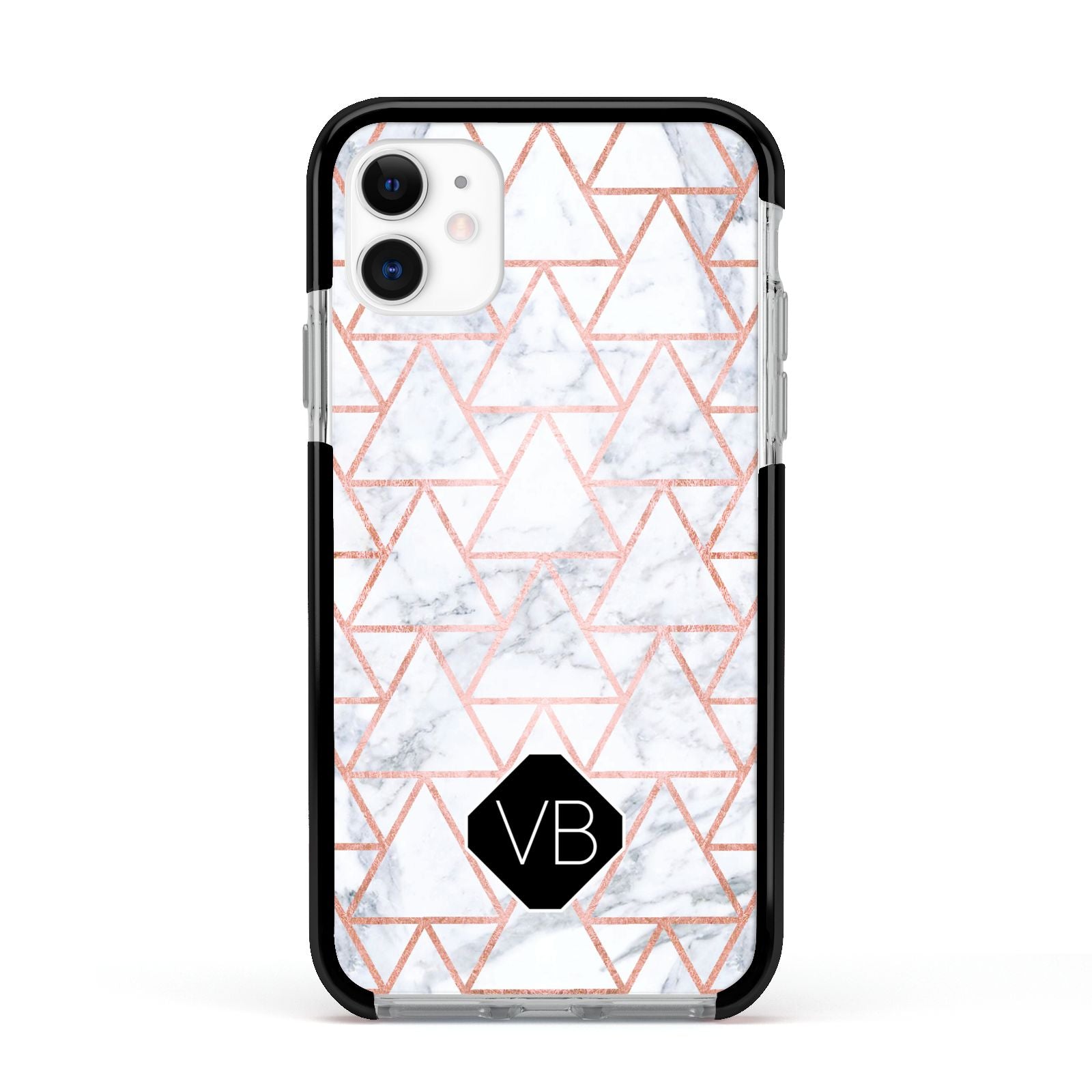Personalised Rose Gold Grey Marble Hexagon Apple iPhone 11 in White with Black Impact Case