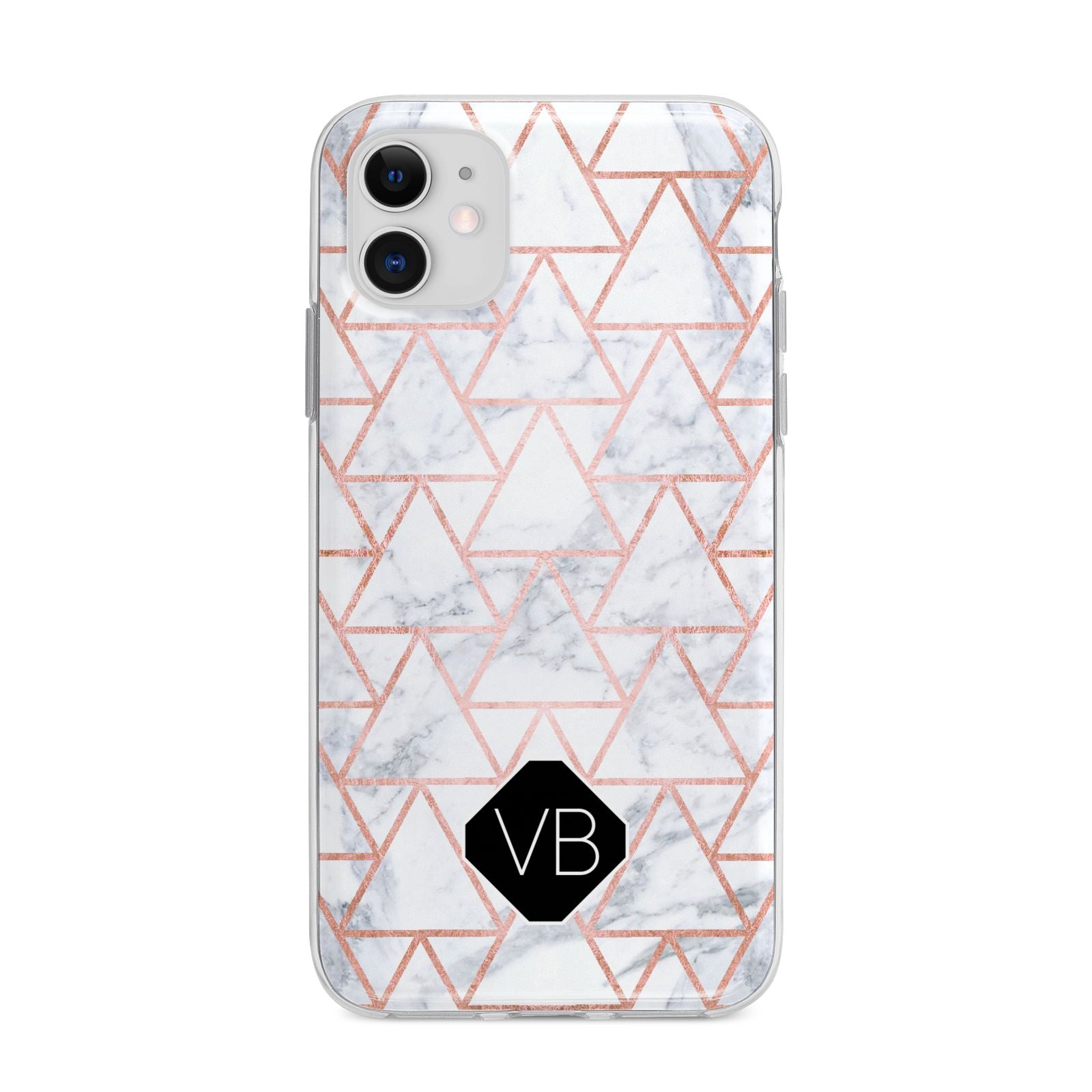 Personalised Rose Gold Grey Marble Hexagon Apple iPhone 11 in White with Bumper Case