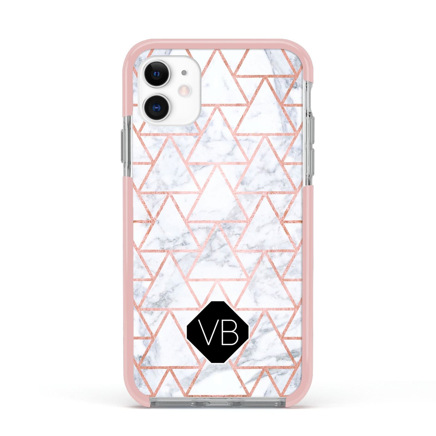 Personalised Rose Gold Grey Marble Hexagon Apple iPhone 11 in White with Pink Impact Case