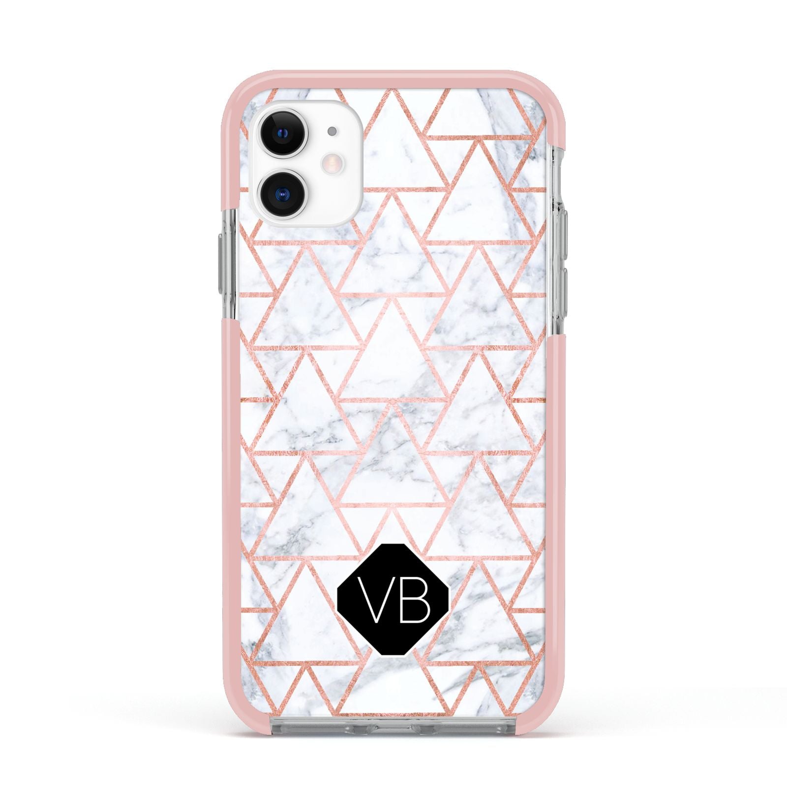 Personalised Rose Gold Grey Marble Hexagon Apple iPhone 11 in White with Pink Impact Case