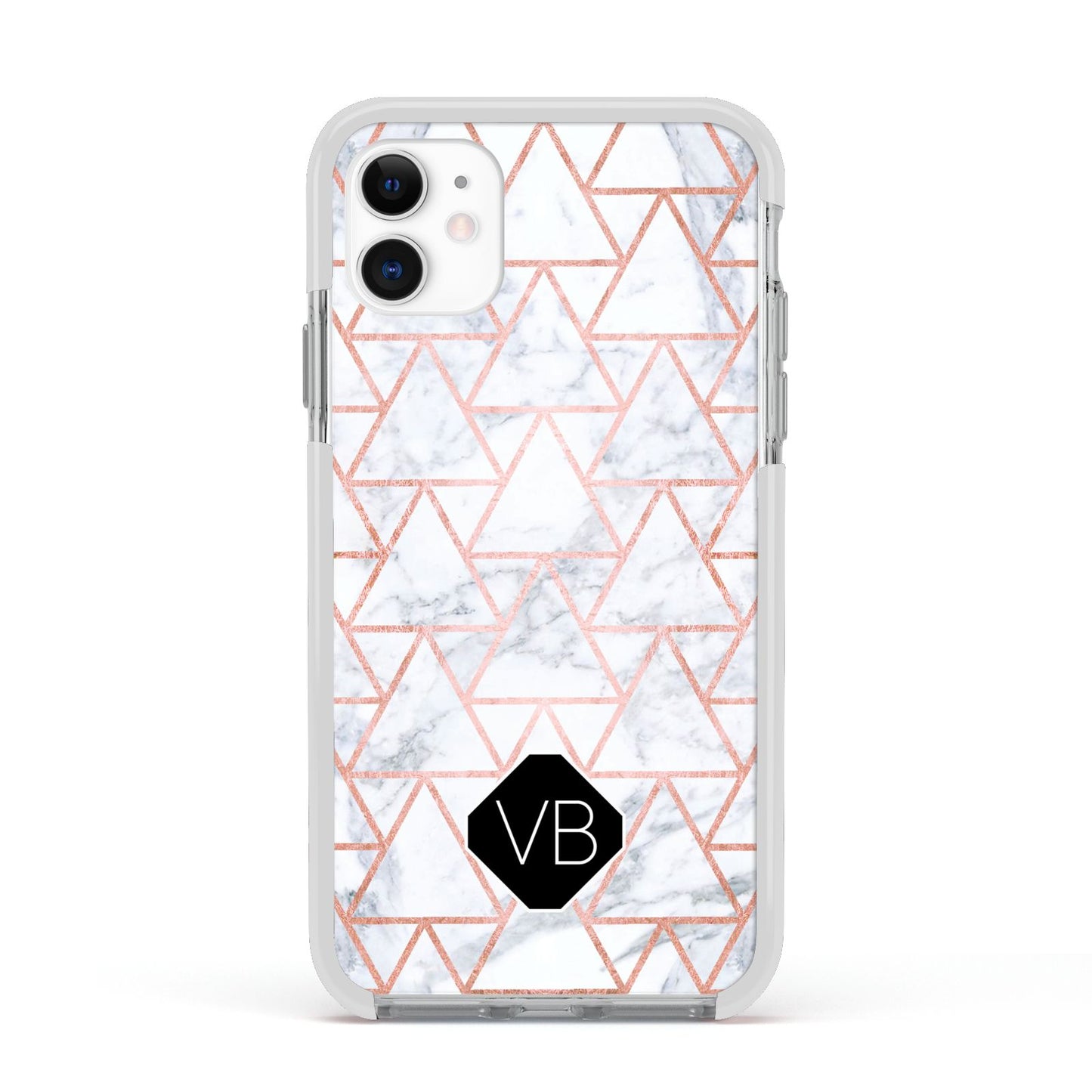 Personalised Rose Gold Grey Marble Hexagon Apple iPhone 11 in White with White Impact Case