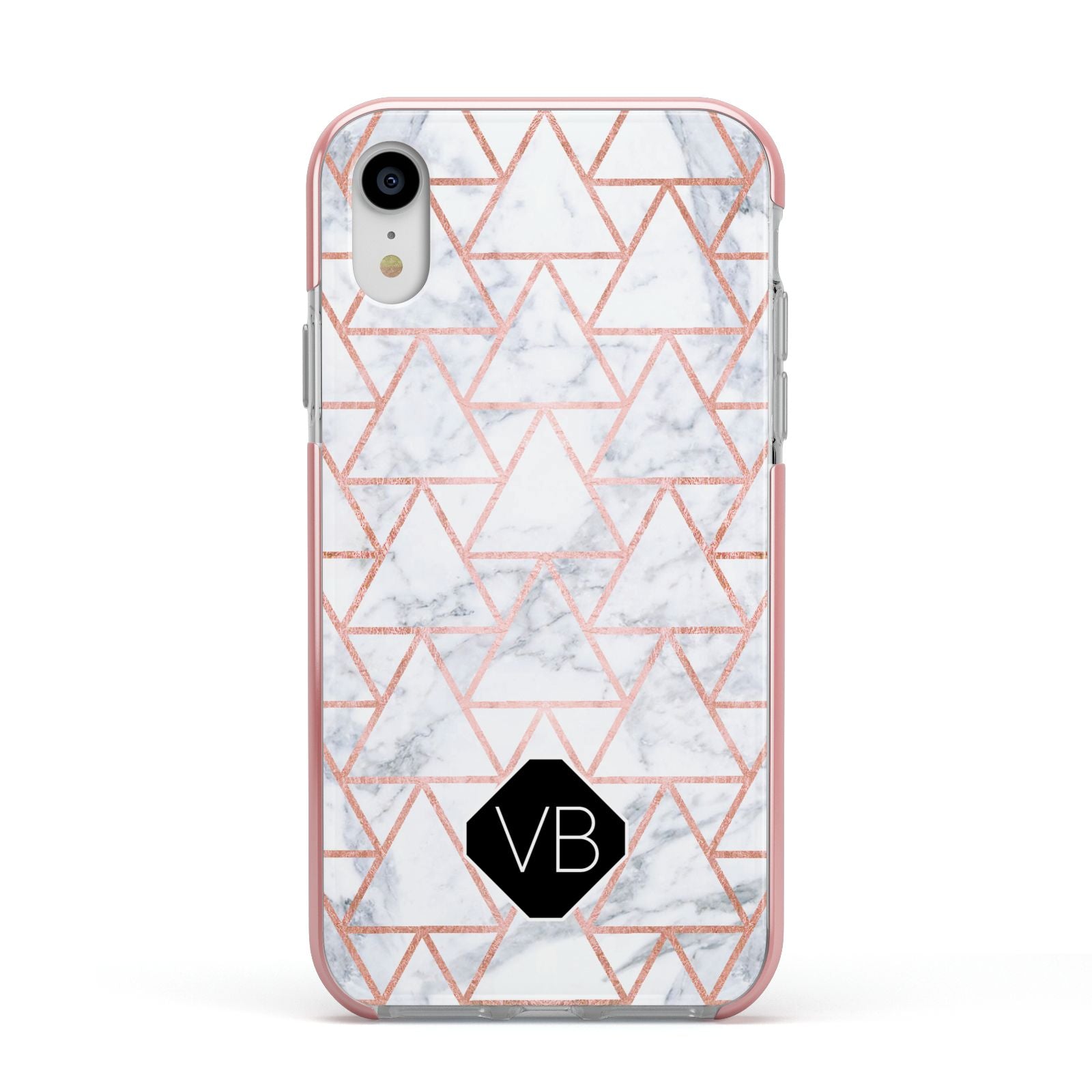 Personalised Rose Gold Grey Marble Hexagon Apple iPhone XR Impact Case Pink Edge on Silver Phone