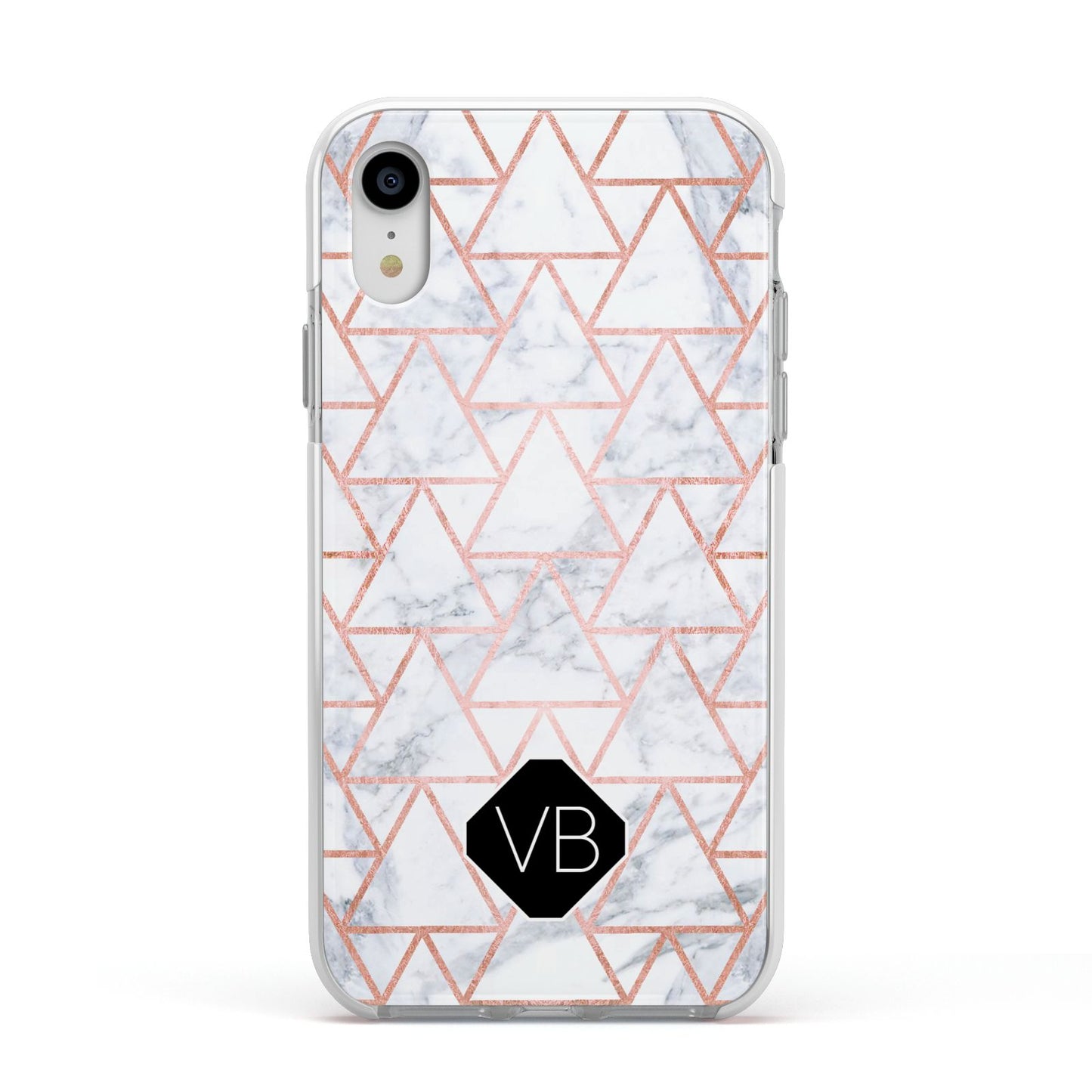 Personalised Rose Gold Grey Marble Hexagon Apple iPhone XR Impact Case White Edge on Silver Phone