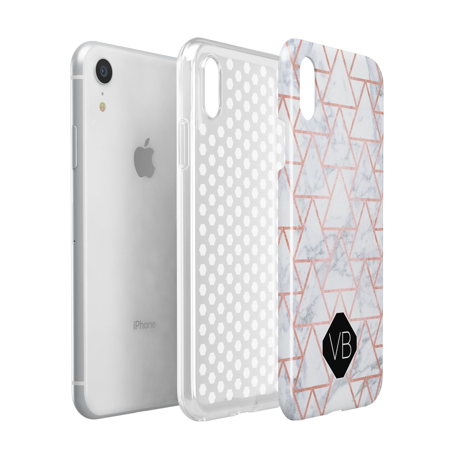 Personalised Rose Gold Grey Marble Hexagon Apple iPhone XR White 3D Tough Case Expanded view