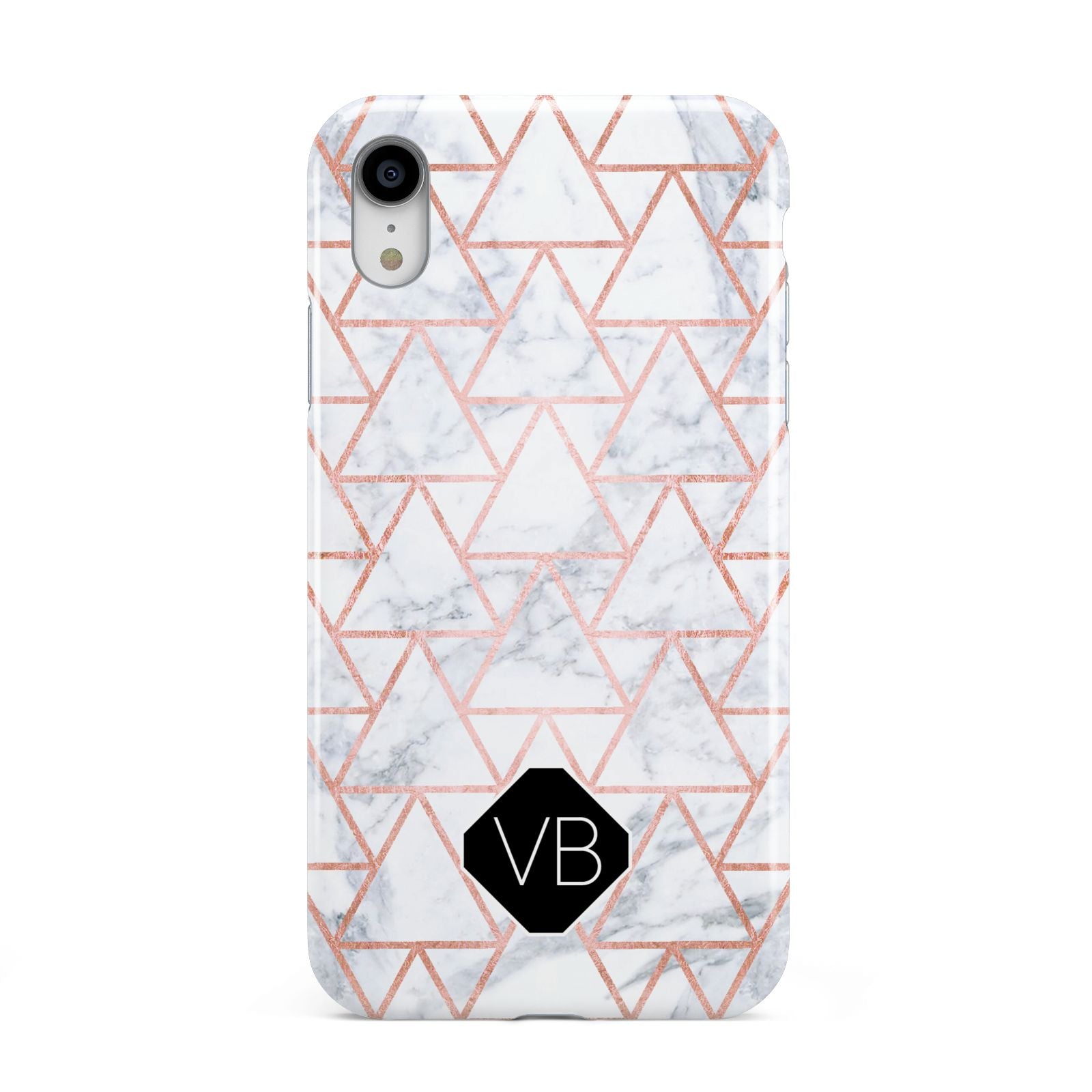 Personalised Rose Gold Grey Marble Hexagon Apple iPhone XR White 3D Tough Case