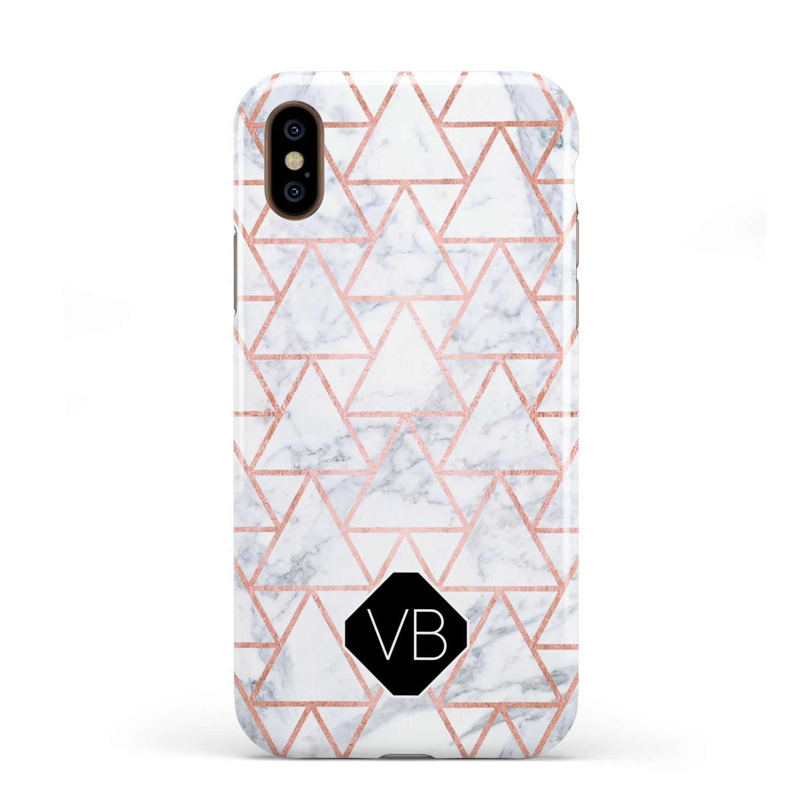 Personalised Rose Gold Grey Marble Hexagon Apple iPhone XS 3D Tough