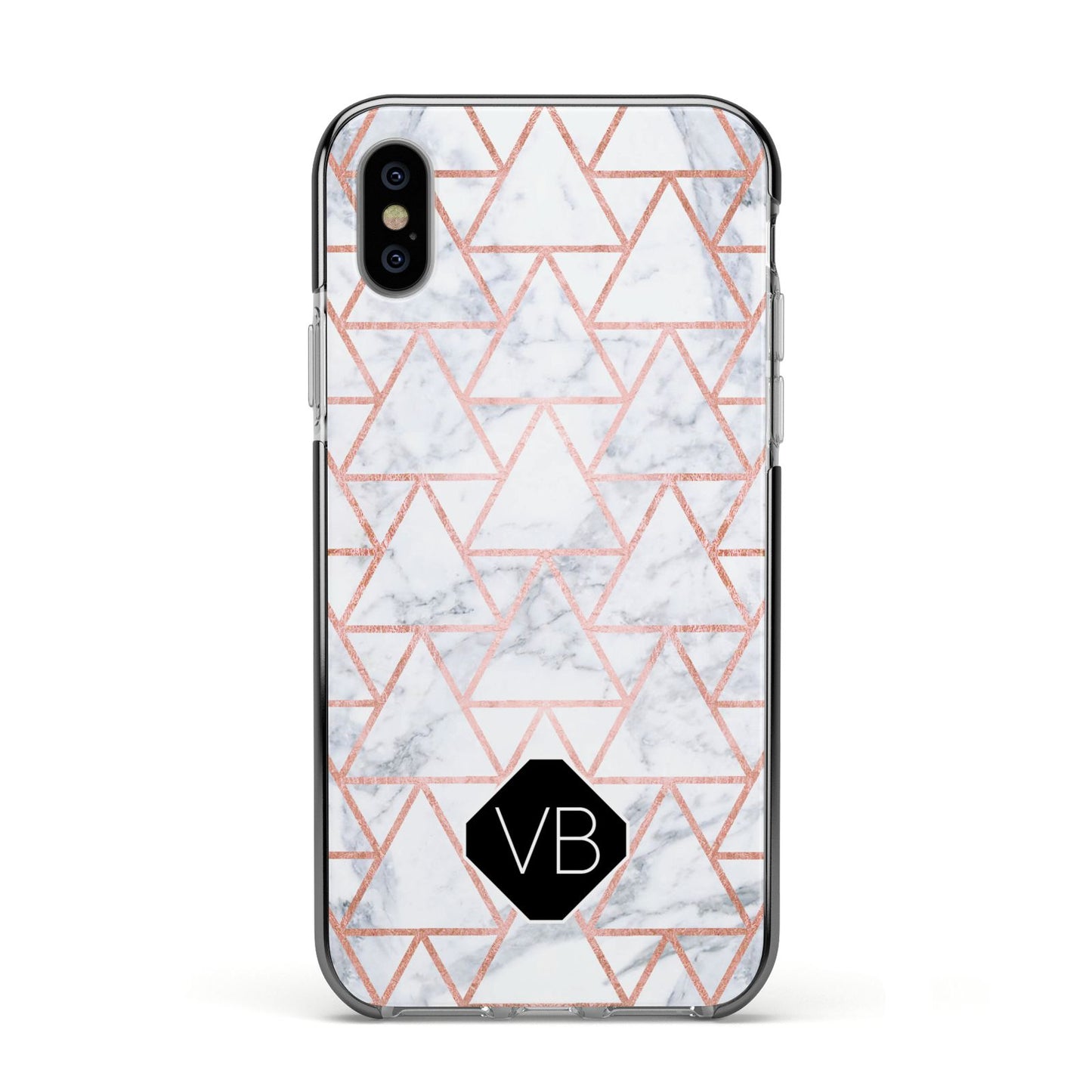 Personalised Rose Gold Grey Marble Hexagon Apple iPhone Xs Impact Case Black Edge on Silver Phone