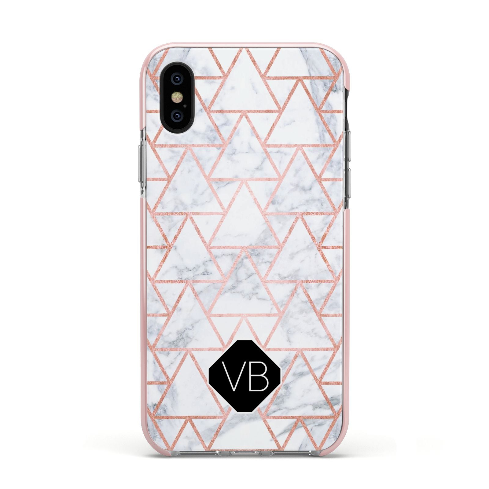 Personalised Rose Gold Grey Marble Hexagon Apple iPhone Xs Impact Case Pink Edge on Black Phone
