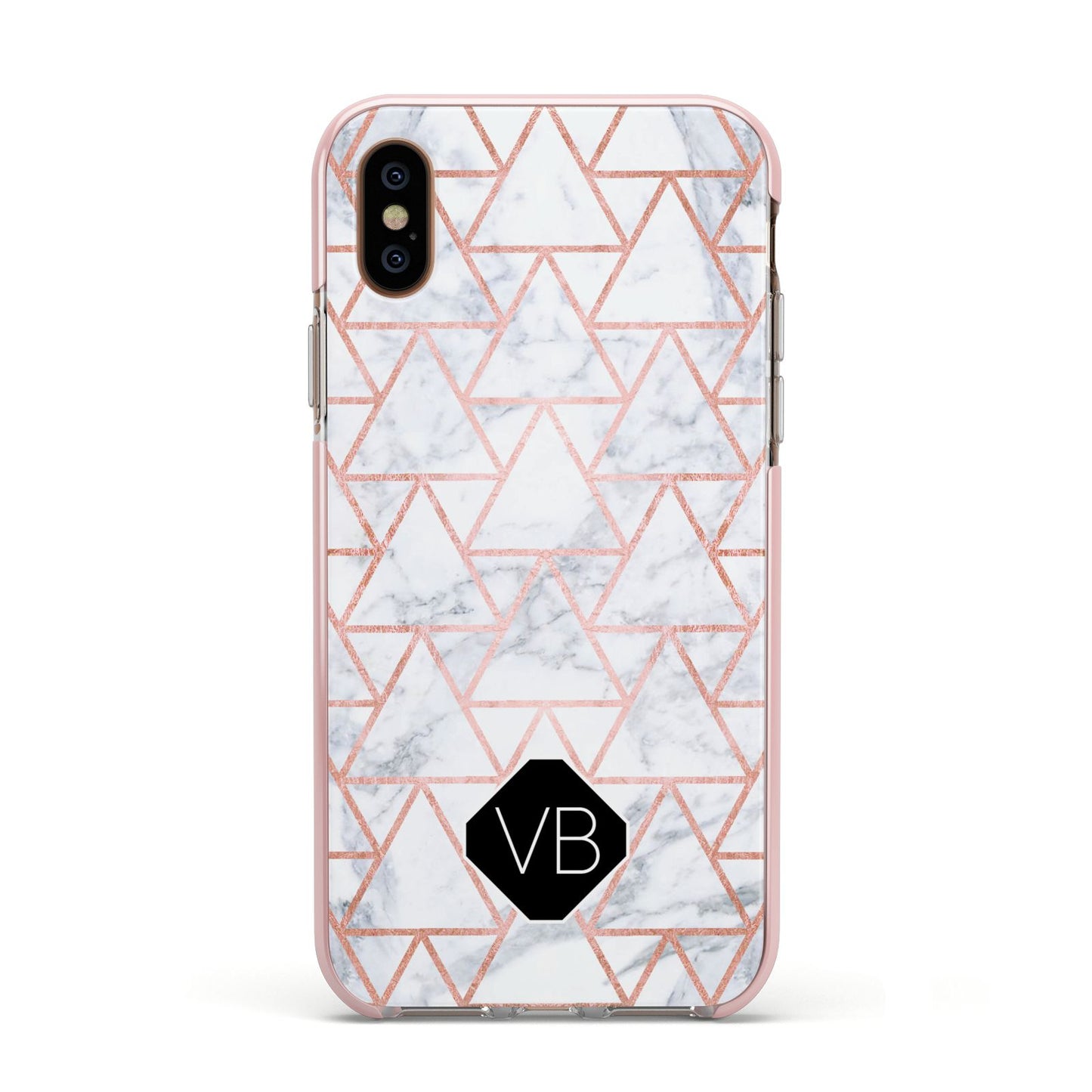 Personalised Rose Gold Grey Marble Hexagon Apple iPhone Xs Impact Case Pink Edge on Gold Phone