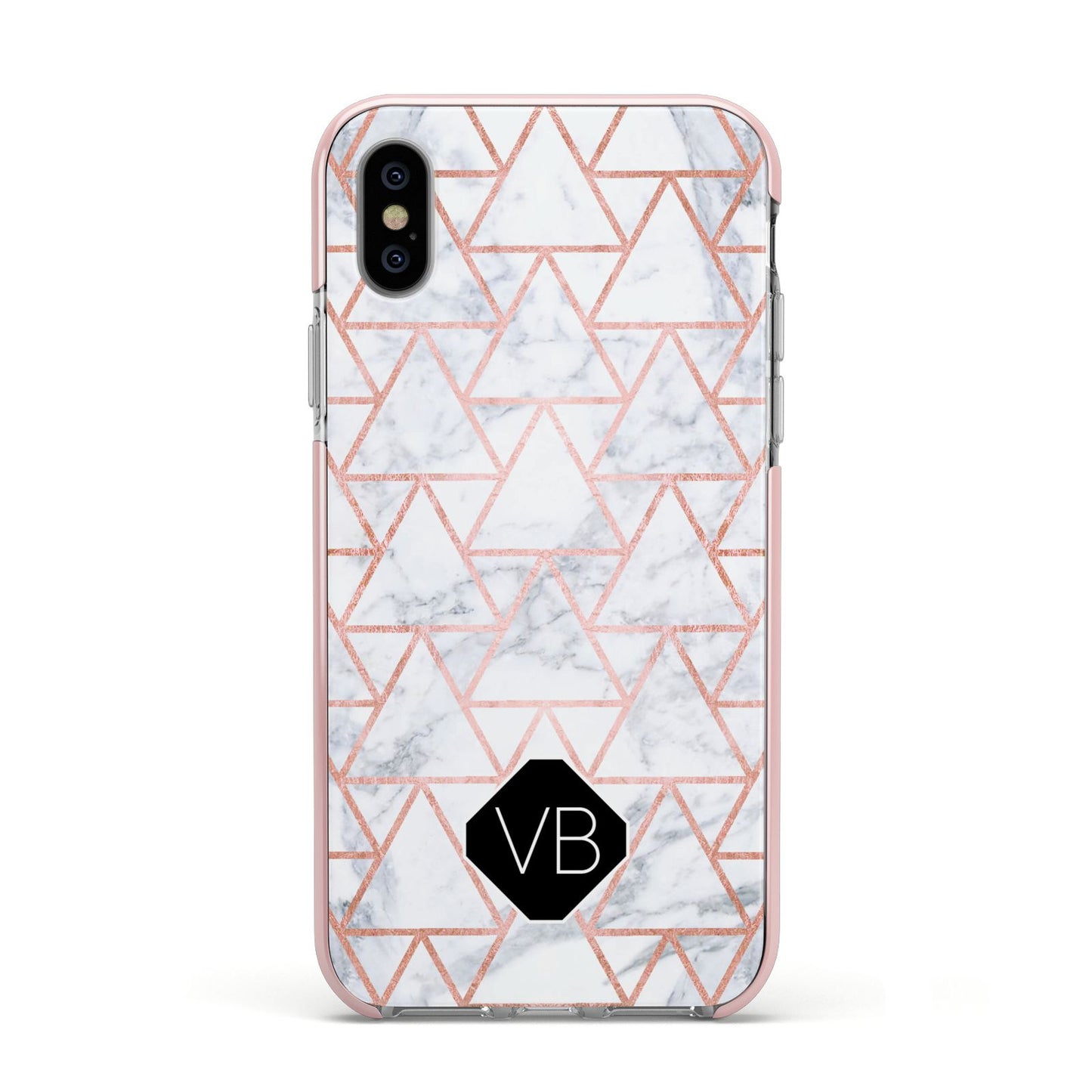 Personalised Rose Gold Grey Marble Hexagon Apple iPhone Xs Impact Case Pink Edge on Silver Phone