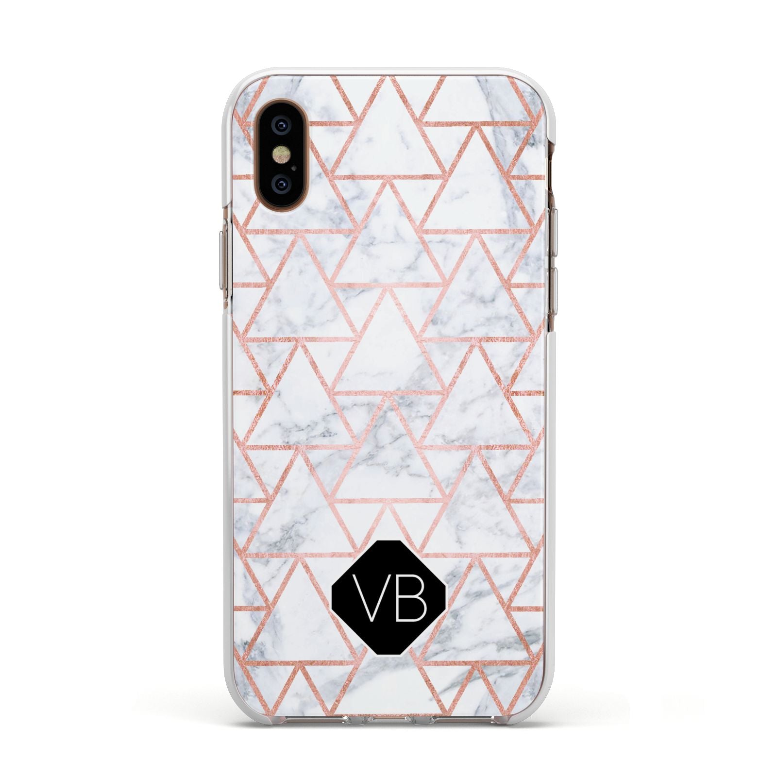 Personalised Rose Gold Grey Marble Hexagon Apple iPhone Xs Impact Case White Edge on Gold Phone