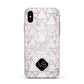 Personalised Rose Gold Grey Marble Hexagon Apple iPhone Xs Impact Case White Edge on Silver Phone